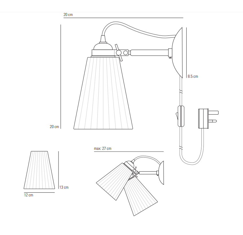 Hector Pleat medium Brass lednings afbryder og stik væglampe Original BTC