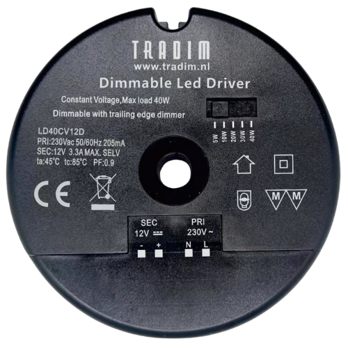 Rund elektronisk LED driver 12V 0-50W 1 udgang TRADIM