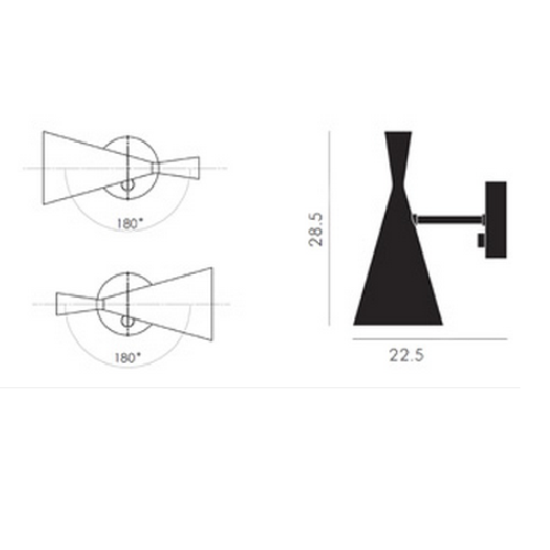 Måltegning af Beat wall black væglampe fra tom dixon