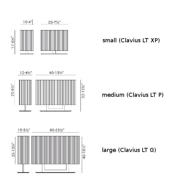 måltegninger på clavius bordlampe i de tre størrelser