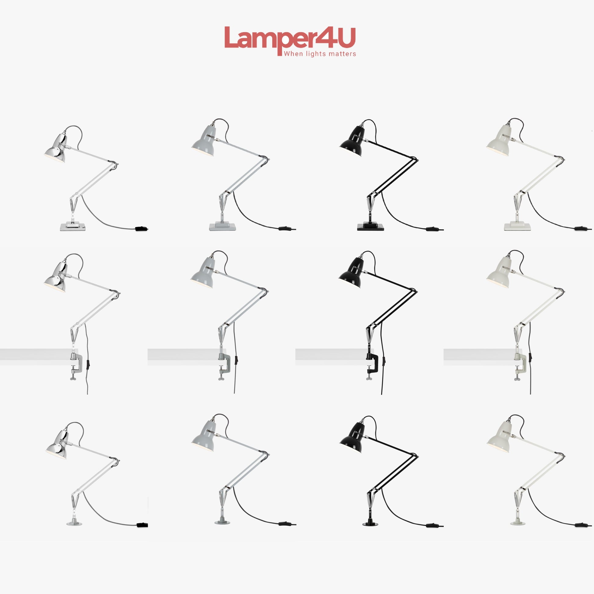 billede af alle Original 1227 i alle farver og med bordpatron, bordklemme og bordfod fra Anglepoise