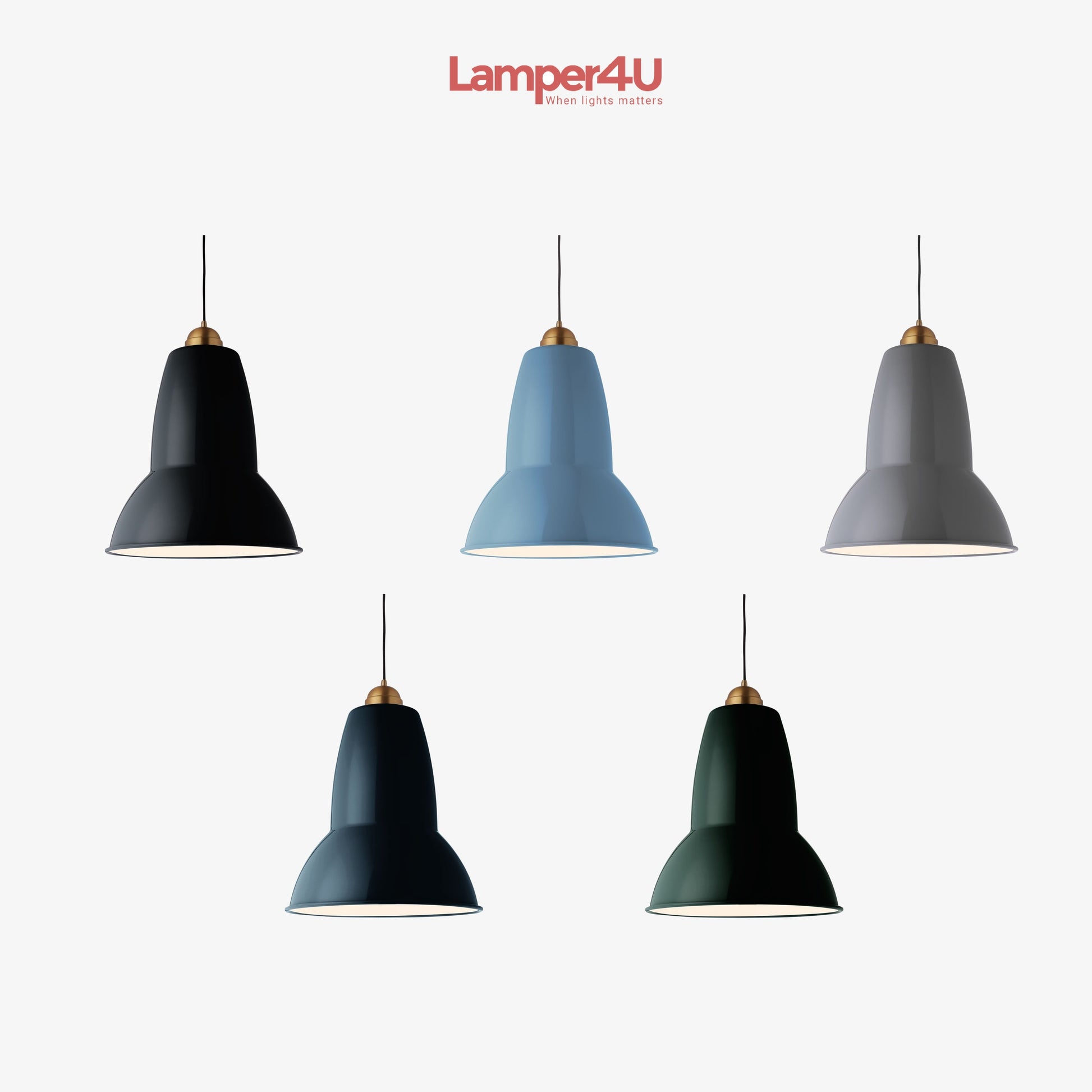 Giant 1227 brass pendel vist i allle 5 farver Anglepoise