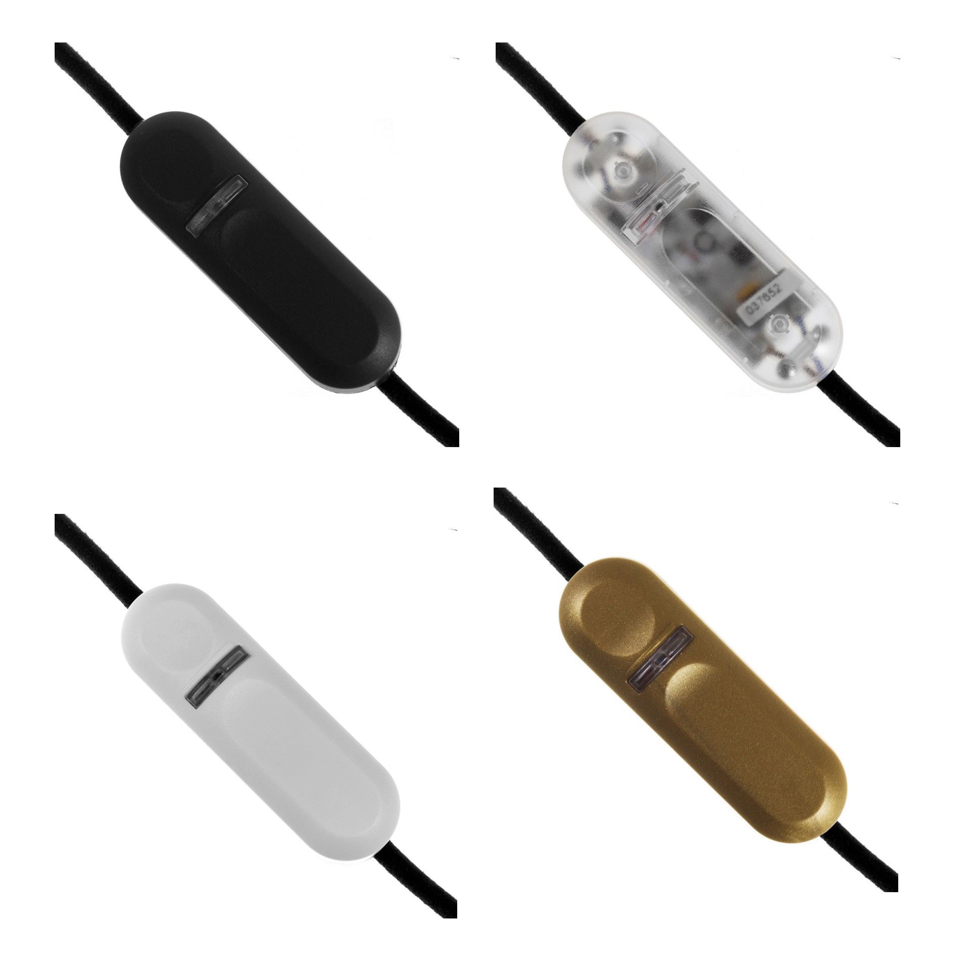 Lysdæmper til montering på ledning her vist i alle fire farver