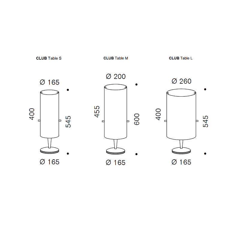 Måltegninger af Club bordlampe i de tre størrelser