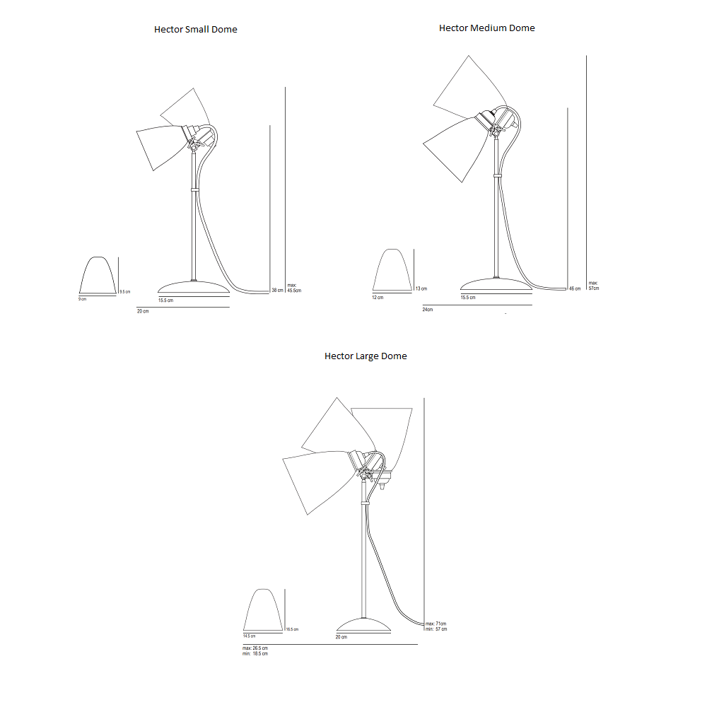 Måltegning af Hector Dome bordlampe i de tre størrelser Small, Medium, Large fra Original BTC