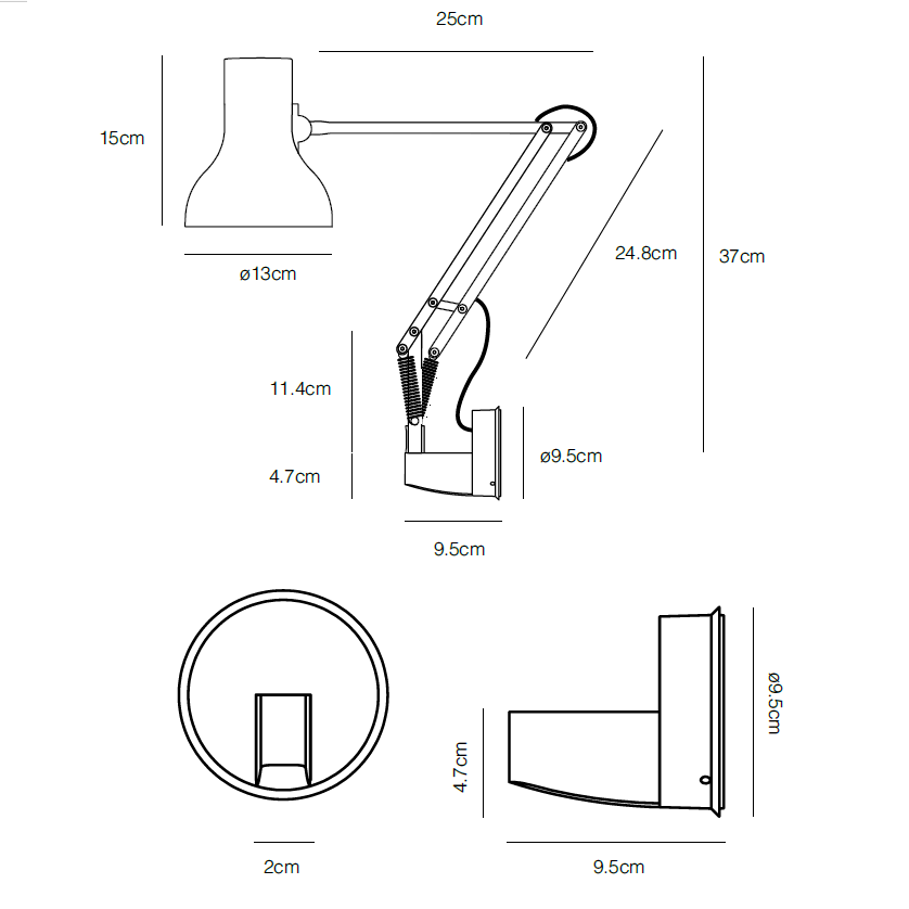 Stregtegning af Type 75 mini med vægbeslag fra Anglepoise