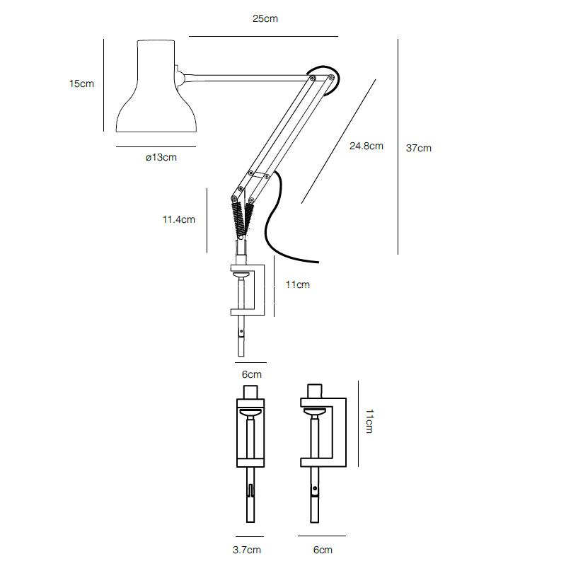 Stregtegning af Type 75 mini med bordklemme fra Anglepoise