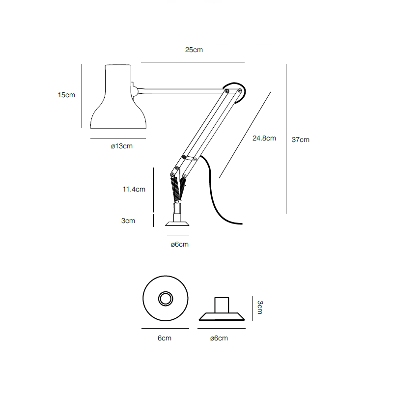 Stregtegning af Type 75 mini med bordpatron fra Anglepoise