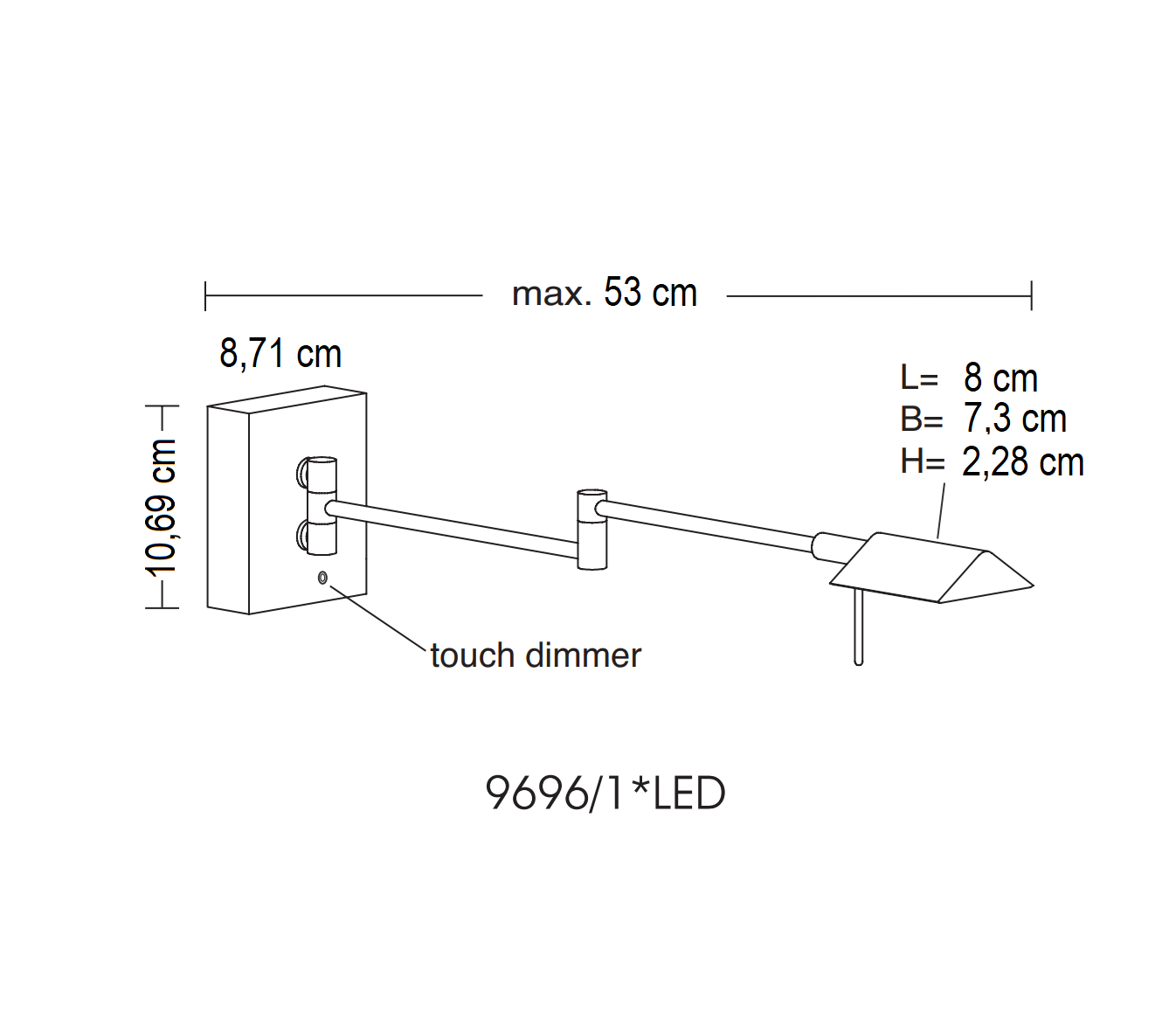 måltegning af 9696 væglampe i børstet nikkel