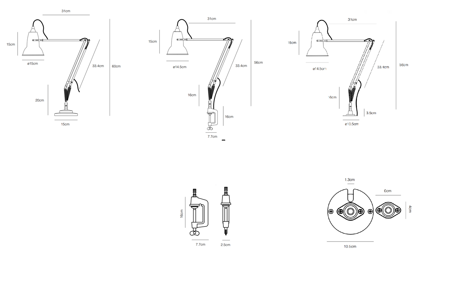 Måltegning af Original 1227 bordlampen og bordklemme og bordpatron fra Anglepoise