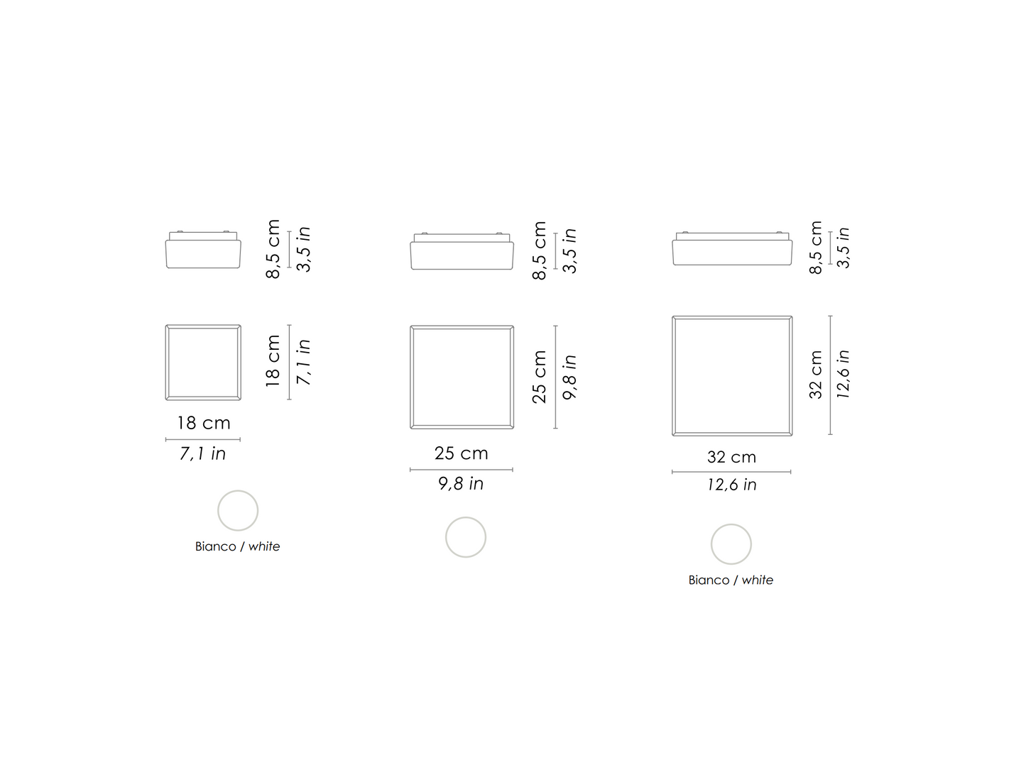 Måltegning af de tre Caorle væg loftlampe størrelser fra Ai Lati