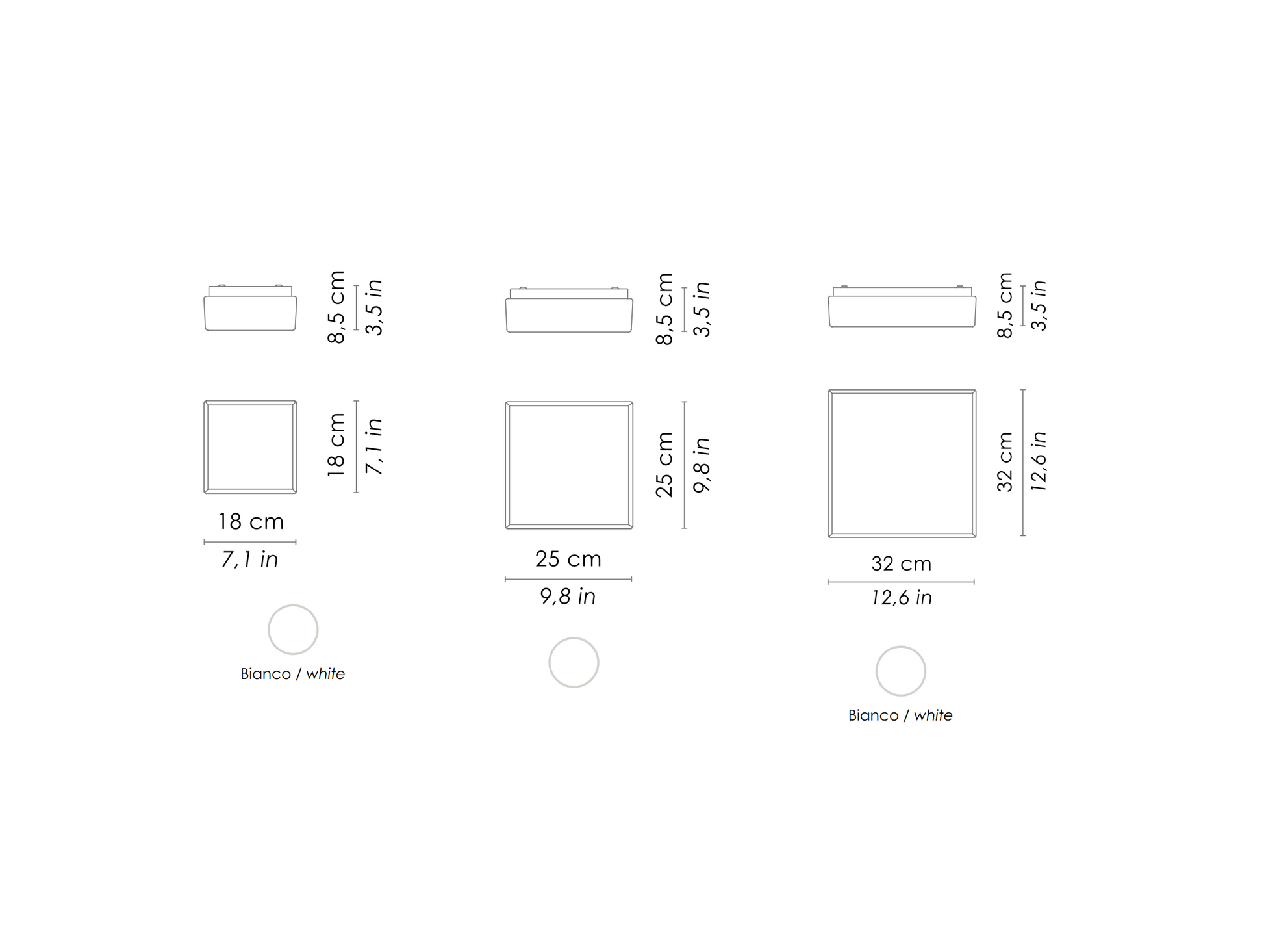 Måltegning af de tre Caorle væg loftlampe størrelser fra Ai Lati