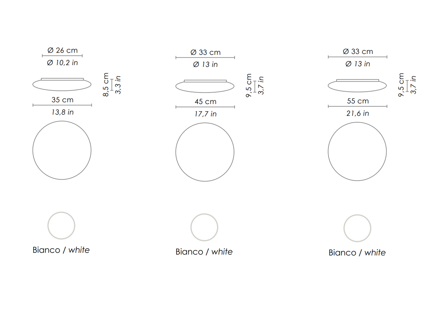 Måltegning af de tre størrelser Mentos væg loftlampe Ailati