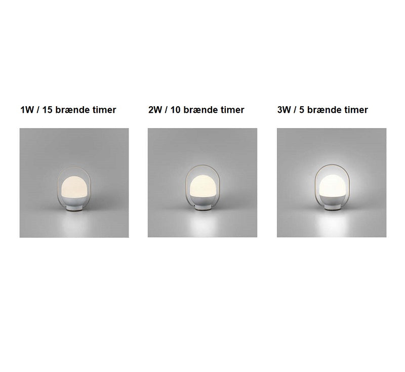 Take away LED bordlampen vist med de tre styrker i hvid