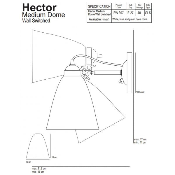 Stregtegning af Hector medium dome væglampe hvid porcelænskærm original BTC