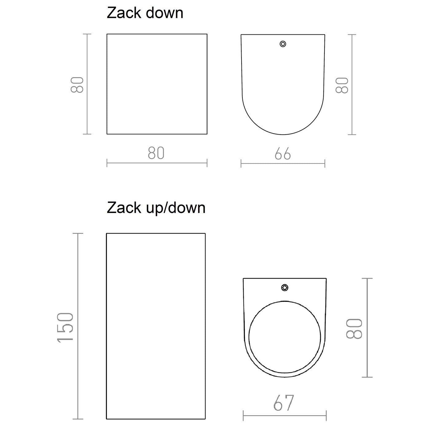 Måltegning af Zack Down og Up/Down udendørsvæglampe fra Rendl