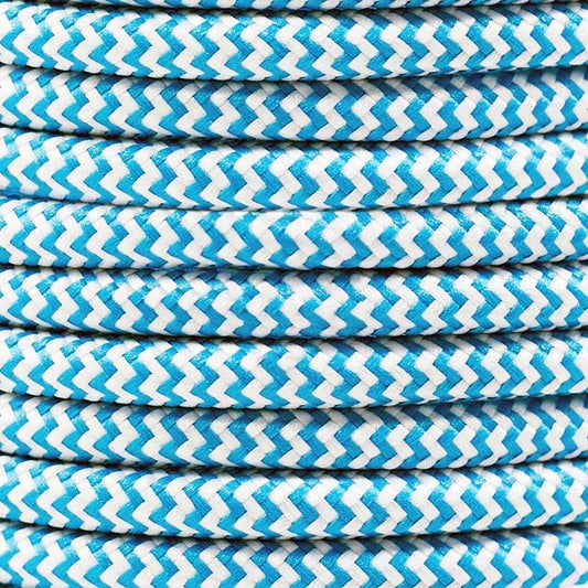 Ægte dekorativ stofledning i farven jasperblå og hvid zik-zak 2x0,75 mm
