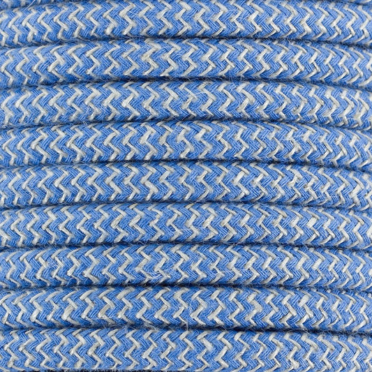 Ægte dekorativ stofledning i farven himmelblå og hvid zik-zak 2x0,75 mm