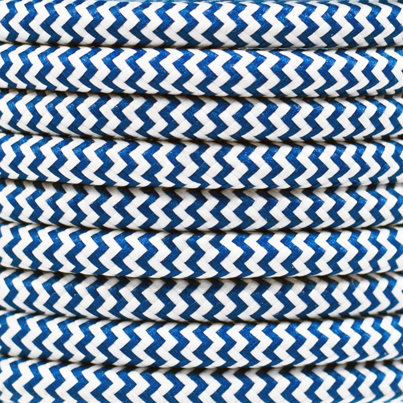 Ægte dekorativ stofledning i farven blå og hvid zik-zak 2x0,75 mm