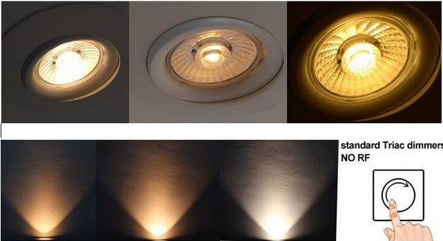 Her ses virkningen af softdæmpning på LED Spot med farve skift fra 3000-2000 kelvin jo mere den dæmpes