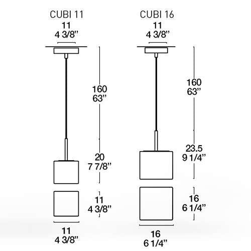 måltegning af Cubi S 11 og 16 pendel fra Leucos
