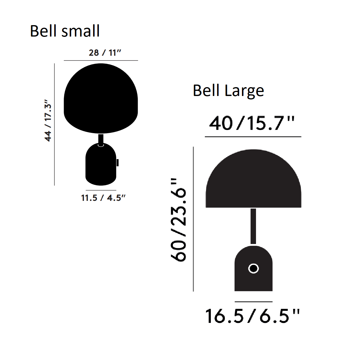 Måltegning af small og large Bell Table fra Tom Dixon
