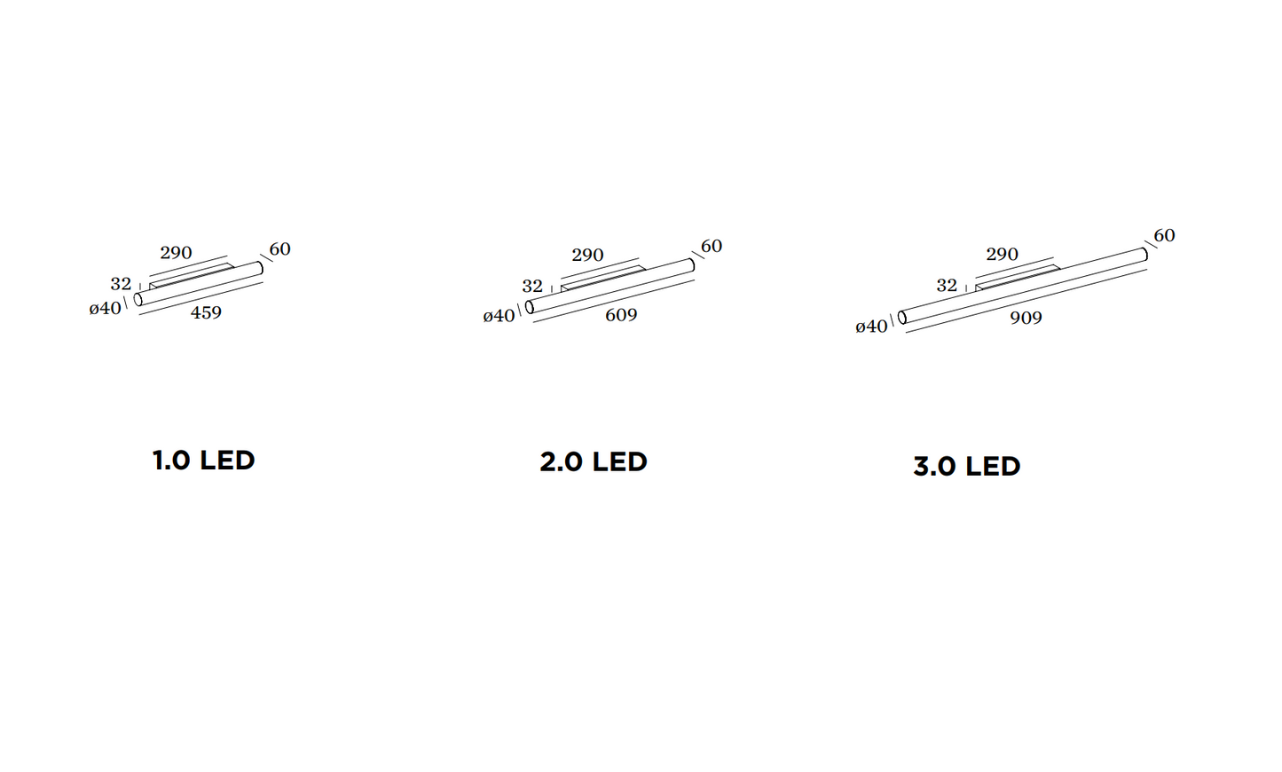 Stregtegning af de tre størrelser Mirba LED væglampe Wever & Ducré