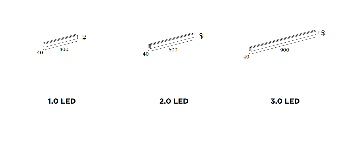 Stregtegning af de tre størrelser Mirbo LED væglampe Wever & Ducré